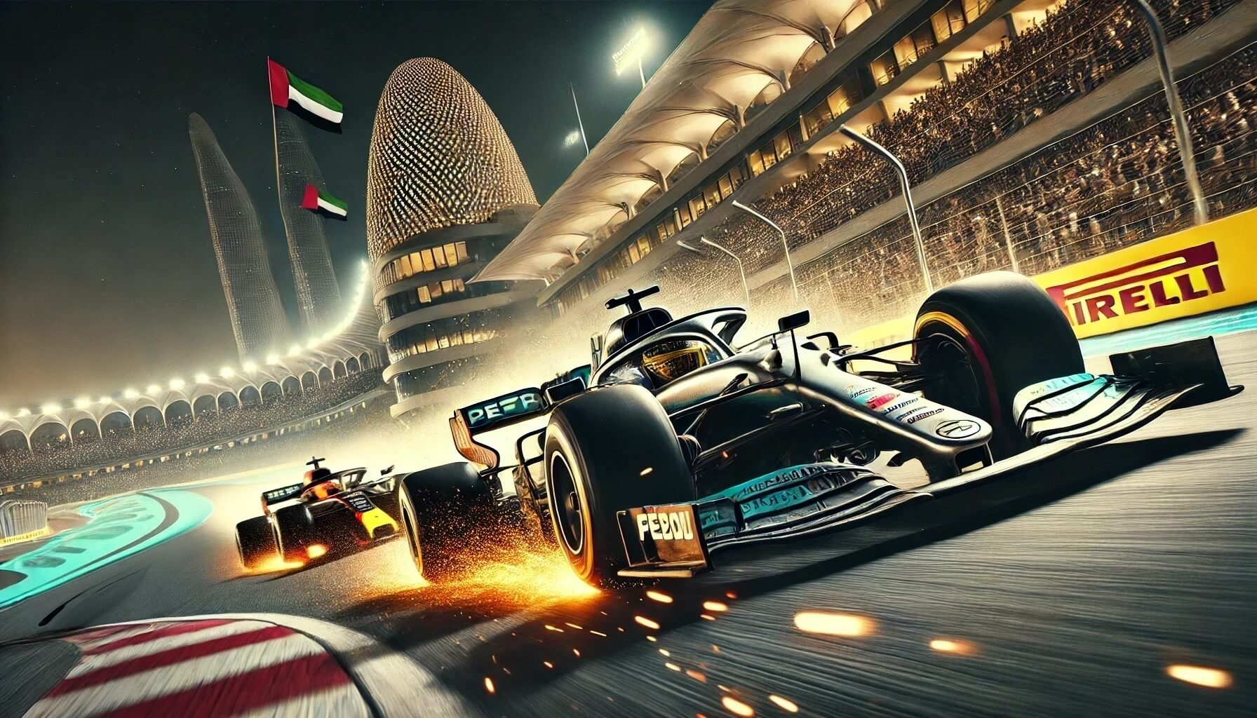 Hamilton leading Verstappen with sparks flying at Yas Marina Circuit