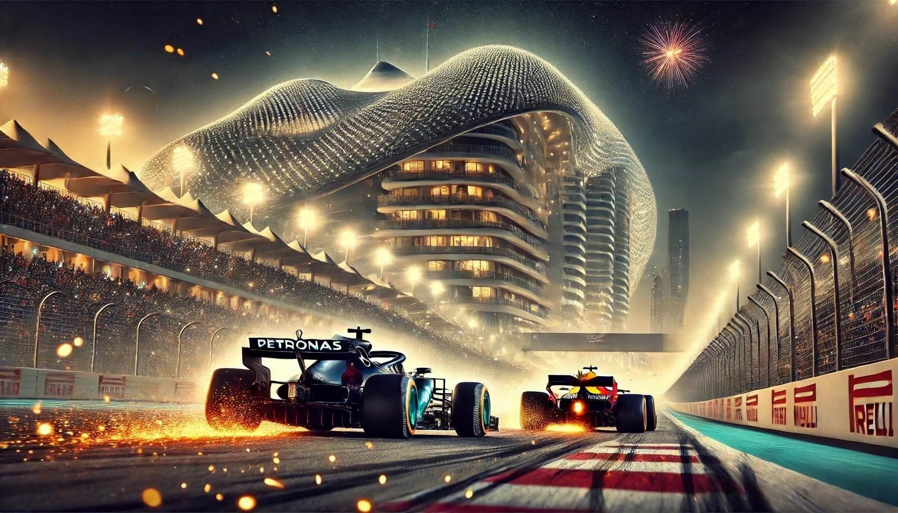 Verstappen leading Hamilton with sparks flying at Yas Marina Circuit