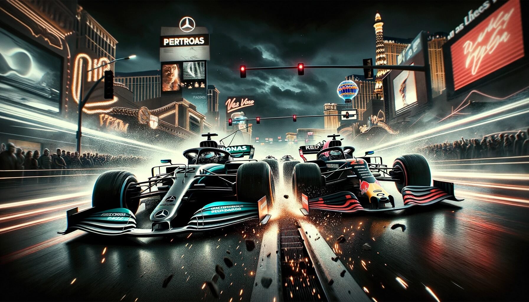 Mercedes and RedBull F1 cars race down the vegas strip