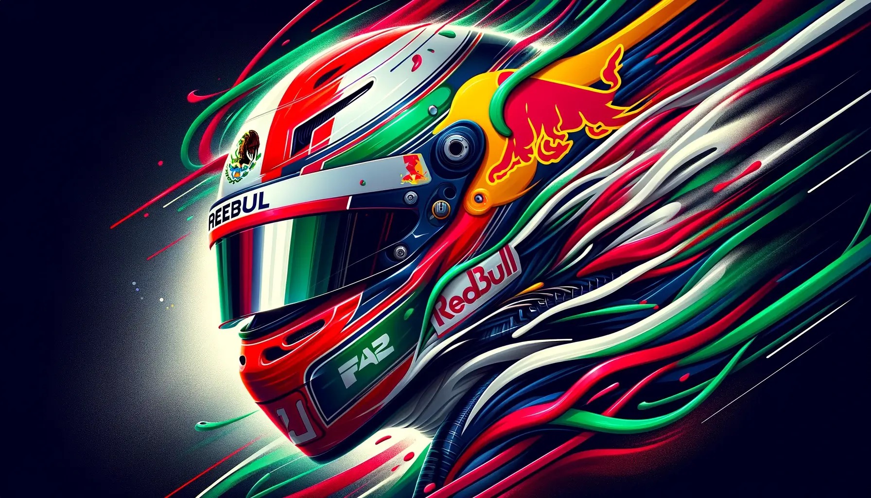 Red Bull driver wearing Mexican flag themed helmet with abstract trails