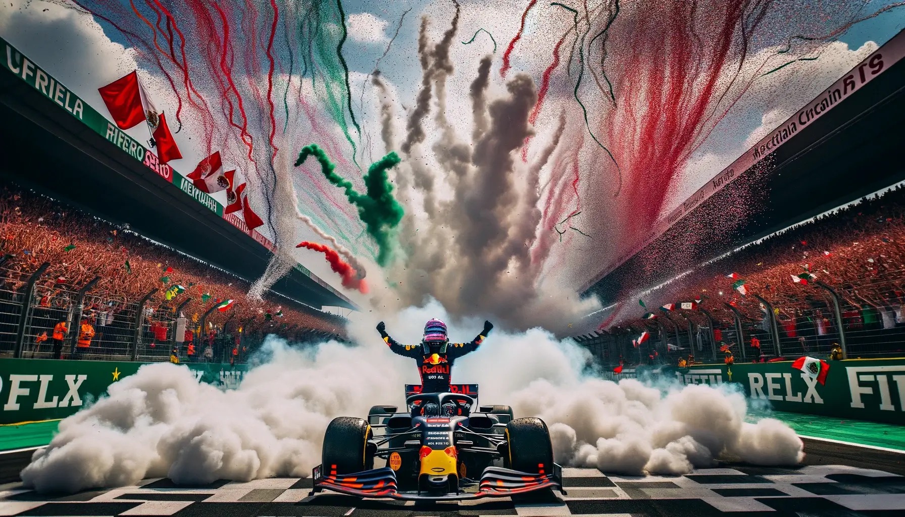 Red Bull driver celebrating victory on car bonnet with Mexican flag coloured smoke billowing